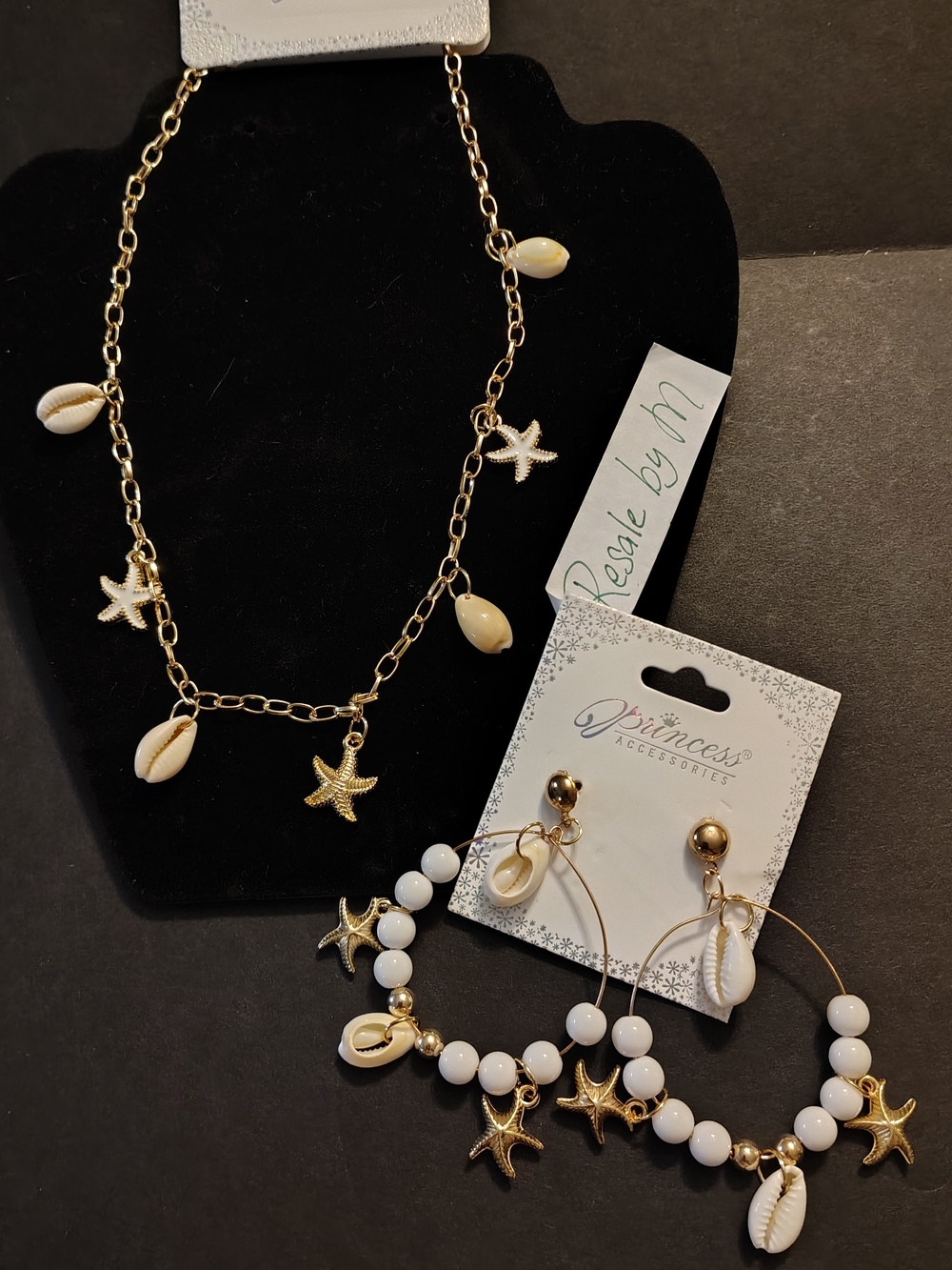 Gold-tone Shell & Starfish Necklace and Hoop Earrings Set - White